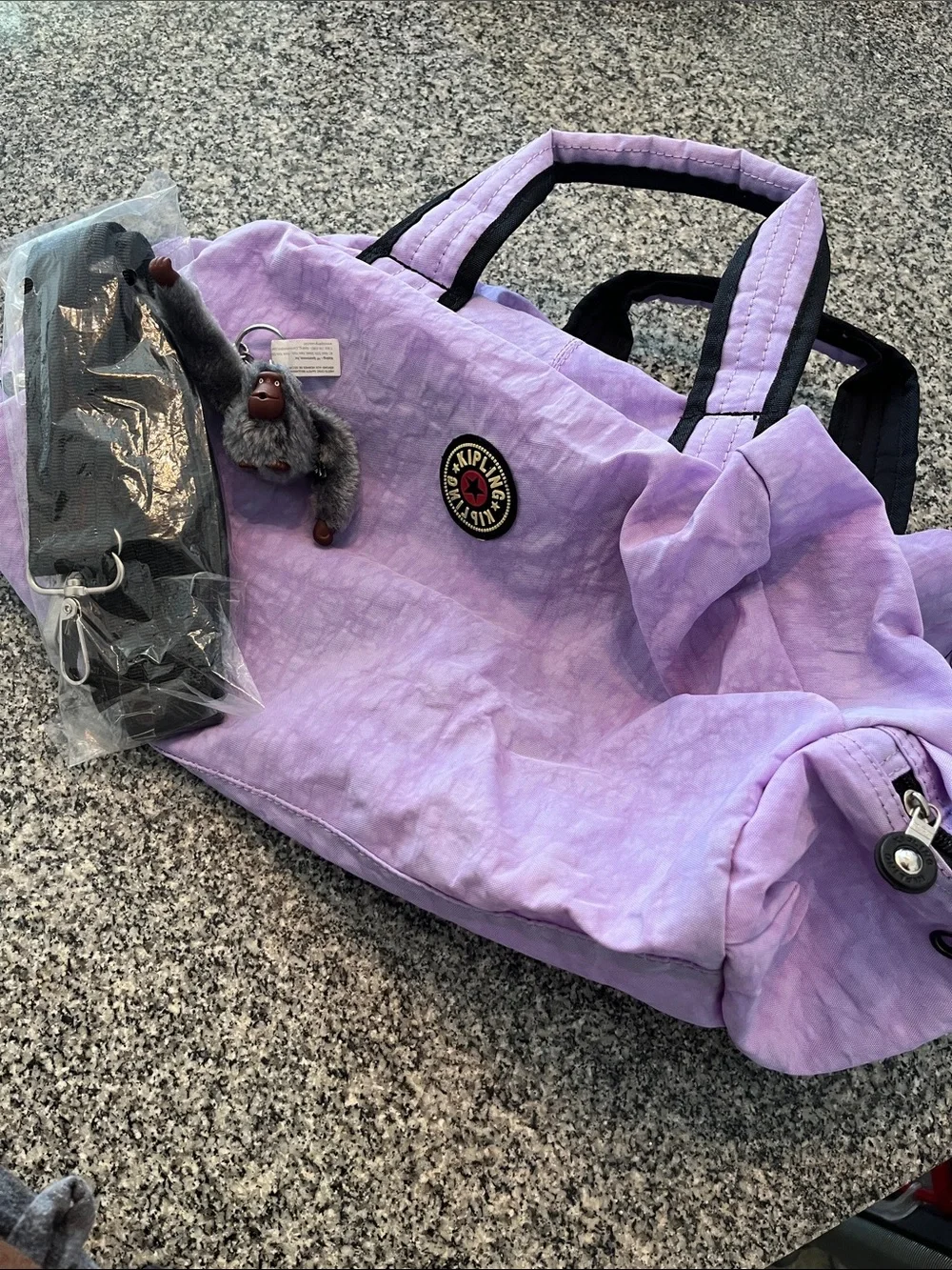 Kipling Lavender Nylon Tote with Monkey Charm and Black Trim